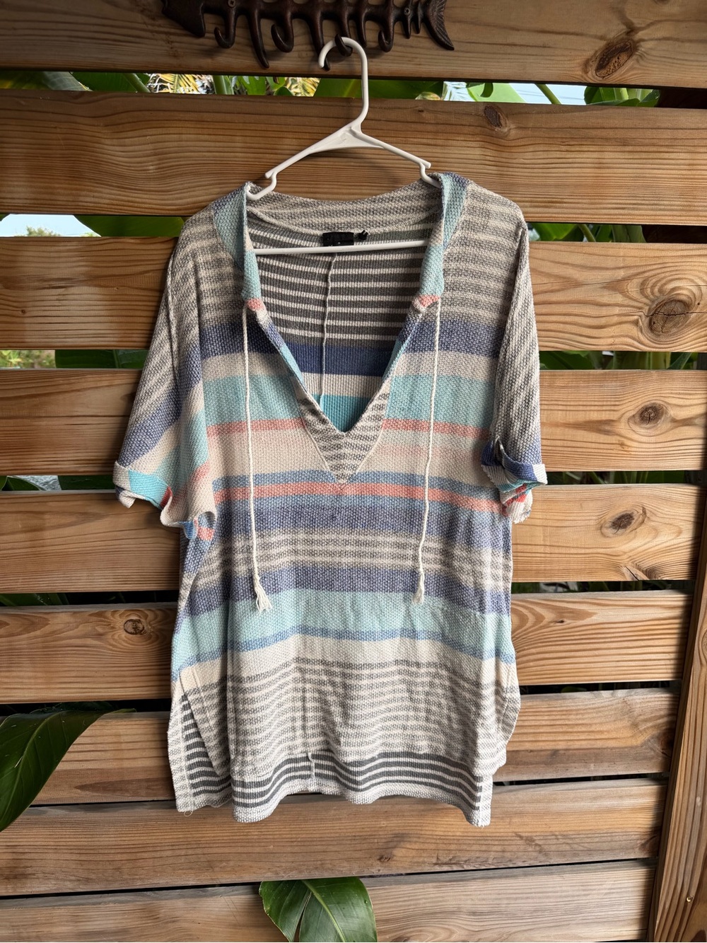Striped Hooded Short-Sleeve Knit Top - Pastel Multi